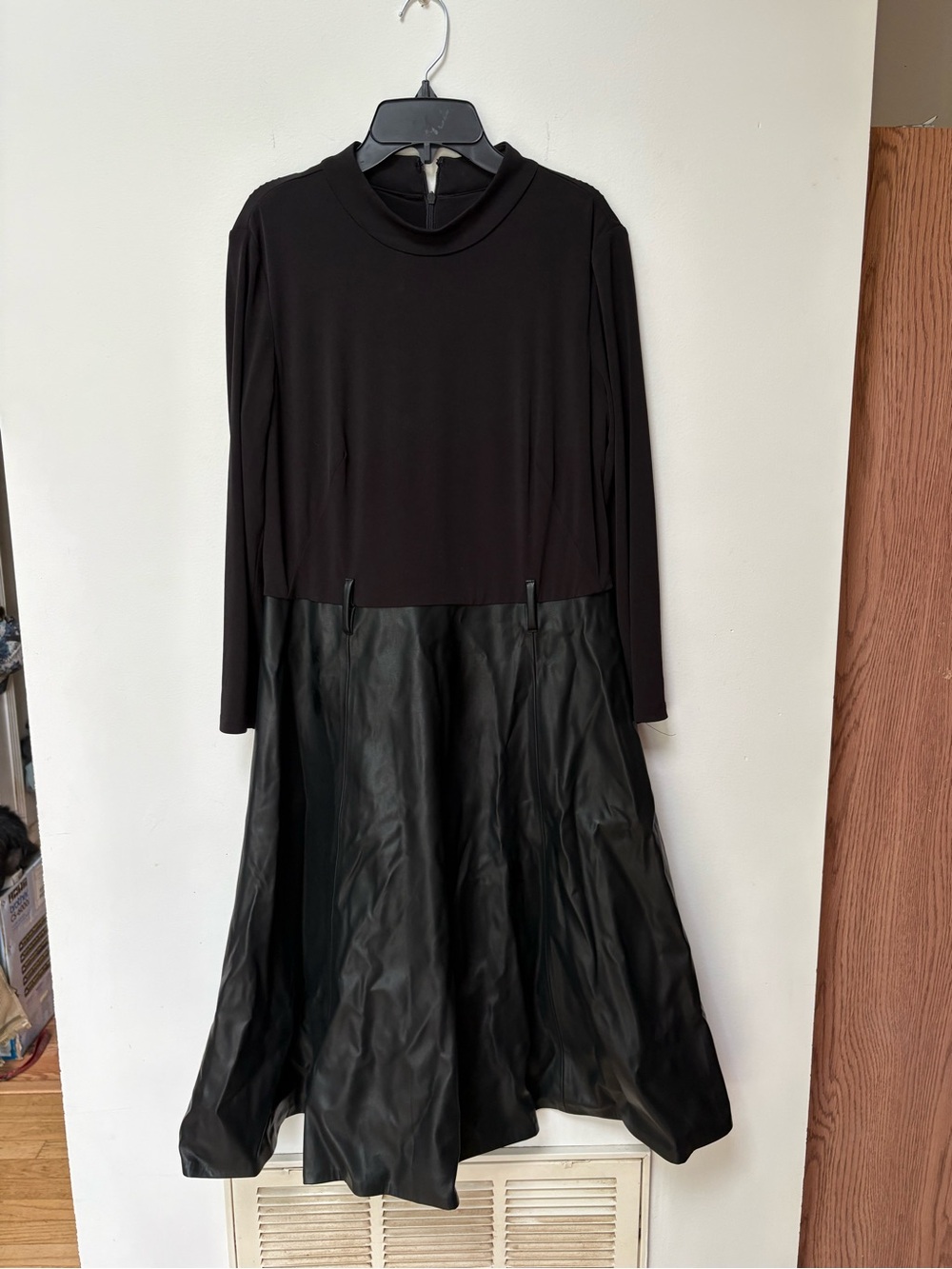Calvin Klein Faux Leather A Line Long Sleeve Dress